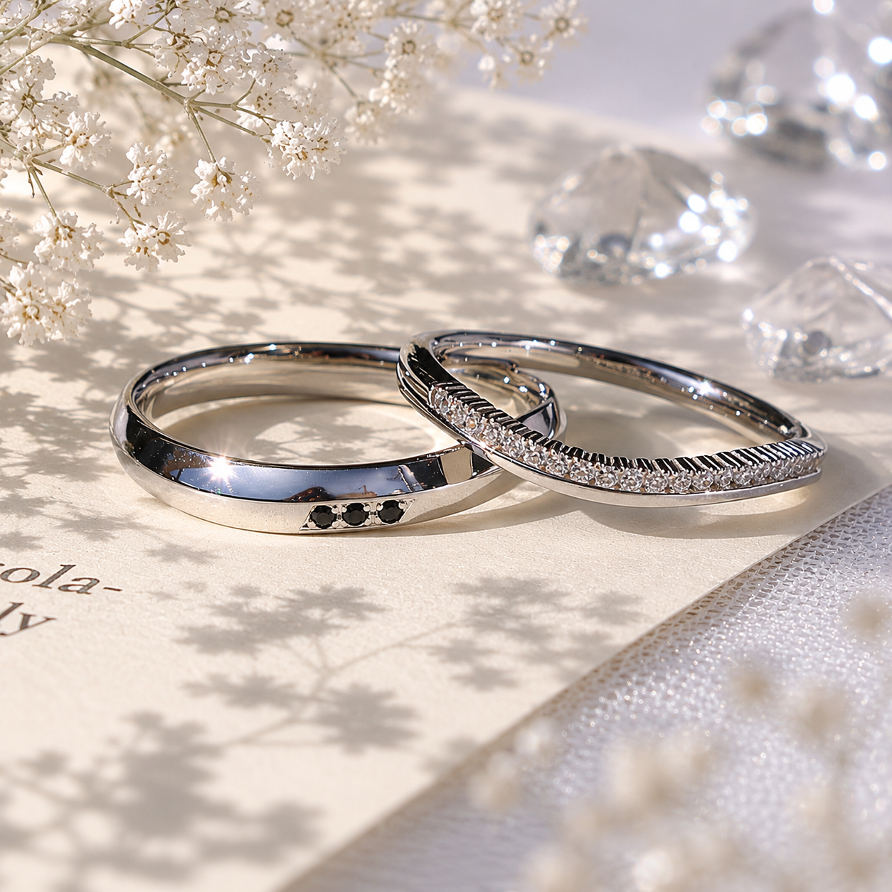 ハナミズキの結婚指輪　ダイヤモンドとブラックダイヤモンド