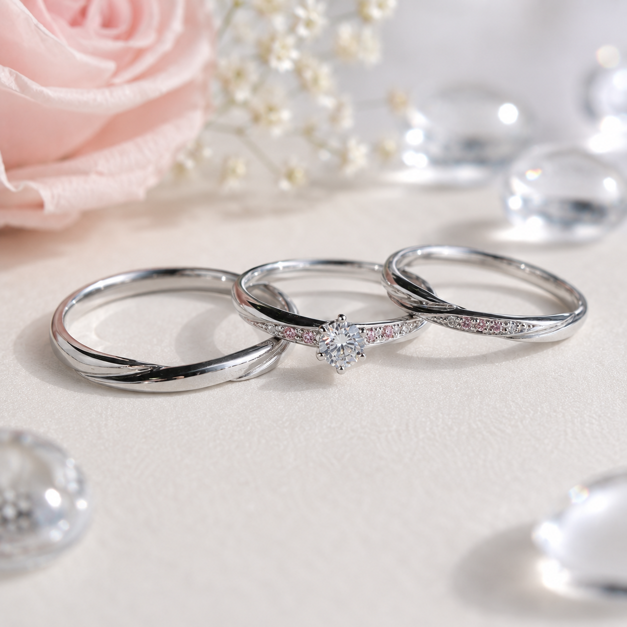 ローズの結婚指輪と婚約指輪のセットリング