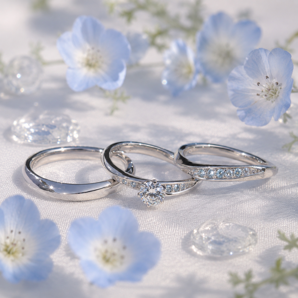 ネモフィラの結婚指輪と婚約指輪のセットリング