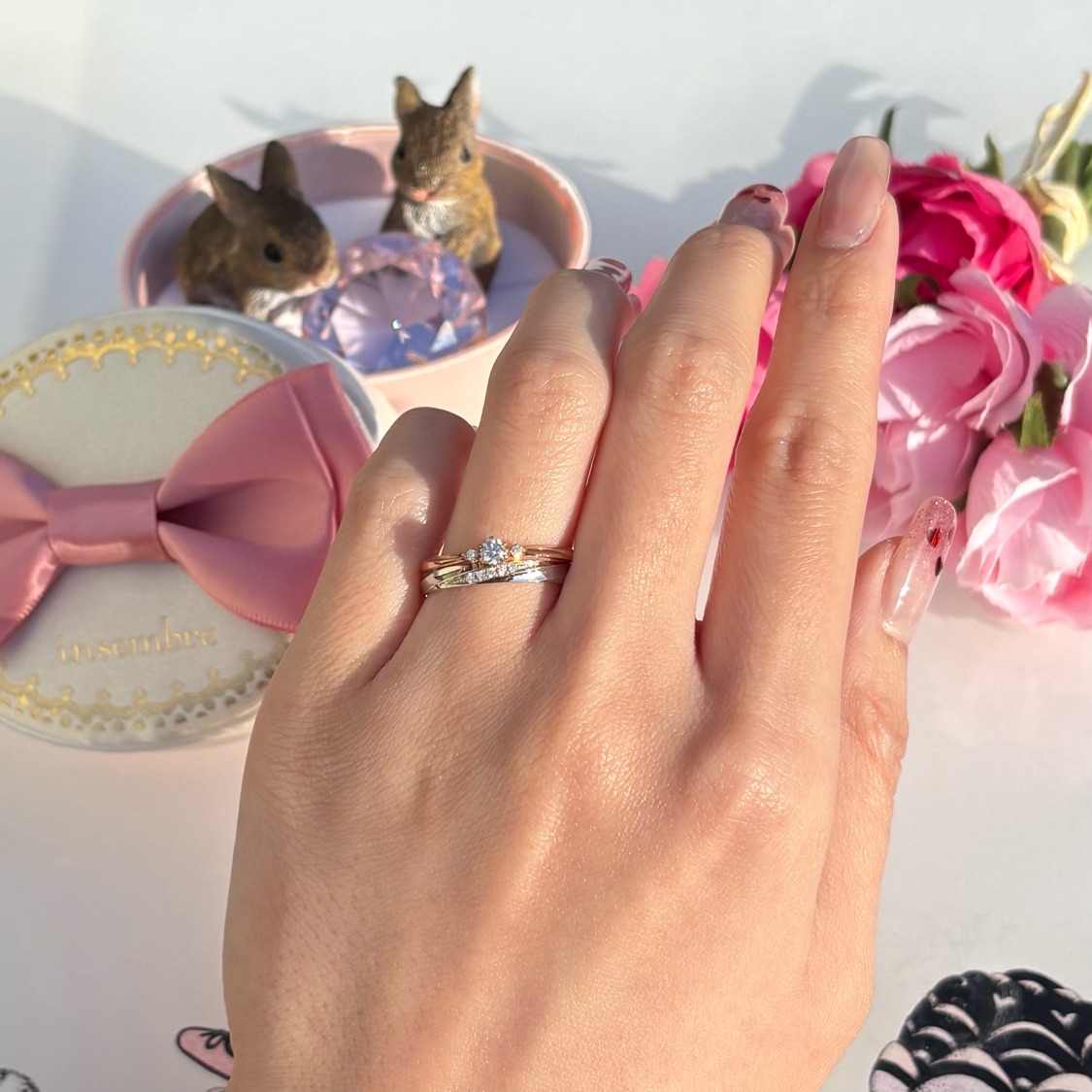 インセンブレやくそくのピンクゴールドの婚約指輪 アンティーク調