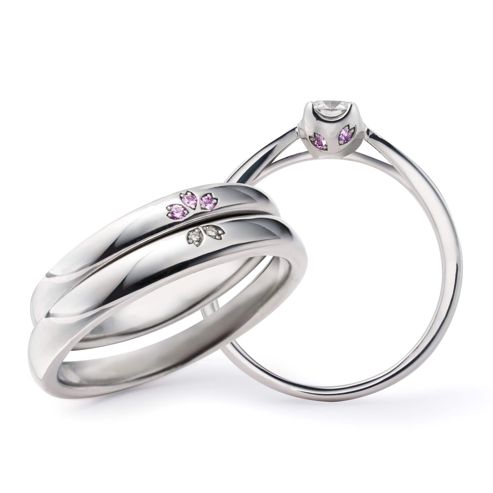 さくら咲くいちりんの結婚指輪、婚約指輪のセットリング。重ねると桜が咲く和風の指輪