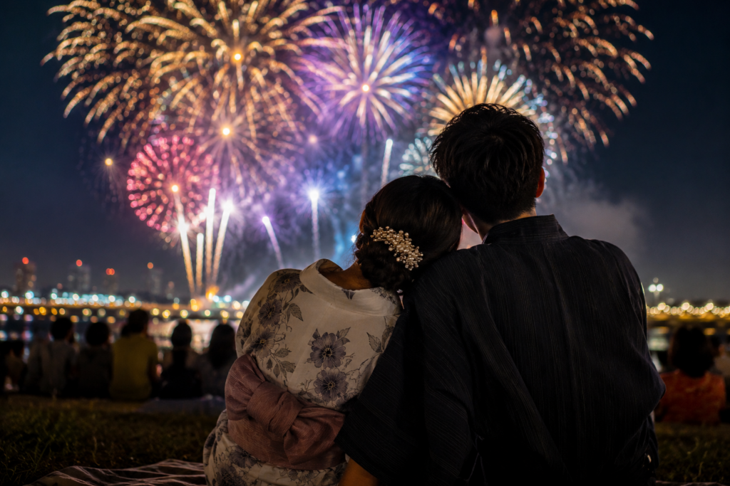 花火大会を背景に寄り添うカップル