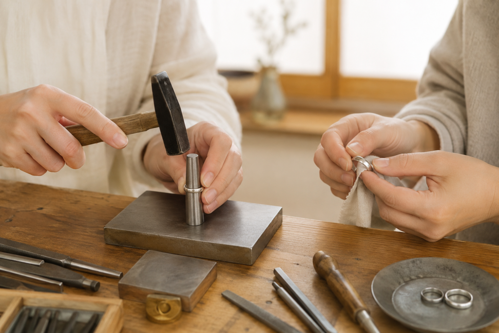 二人で結婚指輪を叩いて磨く手作りリングの制作風景