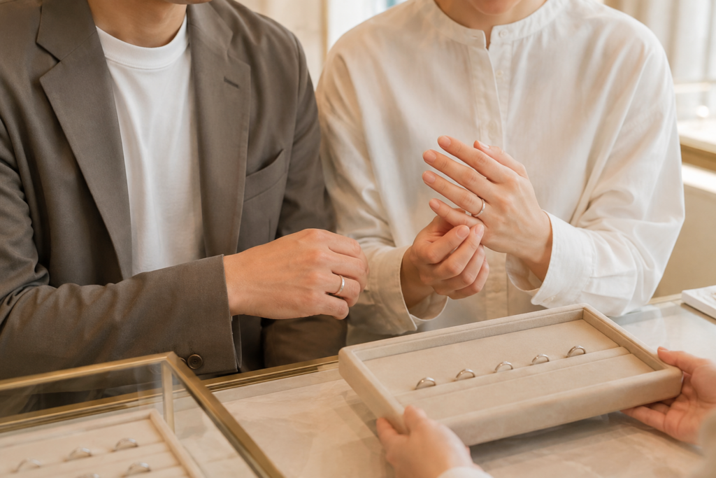 結婚指輪を試着しながら二人でデザインを選ぶカップル