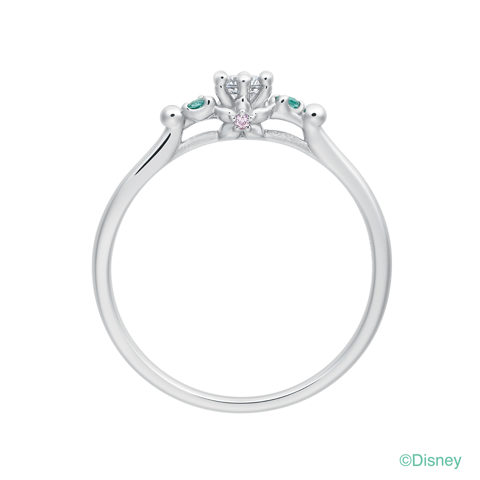 ディズニー リトル・マーメイド Emerald Lagoon 婚約指輪 側面の水中花と貝殻、ピンクサファイアのデザイン