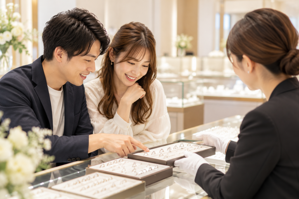 【画像③:カップルが一緒に結婚指輪を選んでいる写真】
おすすめ写真:efu店内でカップルがリングを見比べている接客風景
